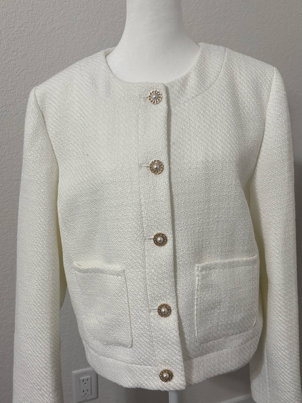 J. Crew Cream Tweed Collarless Jacket with Pearl Buttons